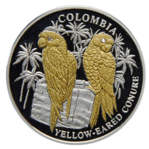 Yellow-Eared Conure (Colombia) - 2005 - Liberia - 10 Dollars - silver coin with gold & 2 diamonds