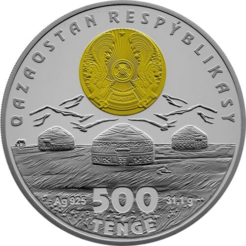 KIIZ UI (Yurt) - 500 Tenge - 2021 - Kazakhstan - silver coin with gilding & rainbow interference - Image 2