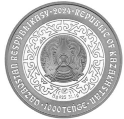 AIY (Bear) - 1000 Tenge - 2024 - Kazakhstan - silver coin with gold & diamond - Image 2
