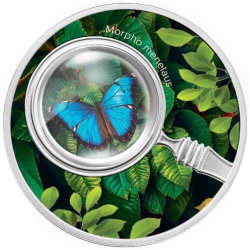 Butterflies MORPHO MENELAUS - 2024 - Cameroon - 500 Francs - silver coin with magnifying lens 