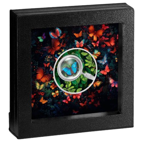 Butterflies MORPHO MENELAUS - 2024 - Cameroon - 500 Francs - silver coin with magnifying lens  - Image 3